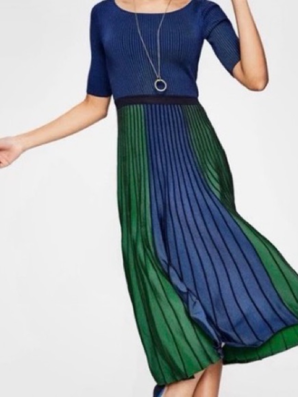 Boden Brione Blue and Green Pleated Blended Sweater knit Midi Dress